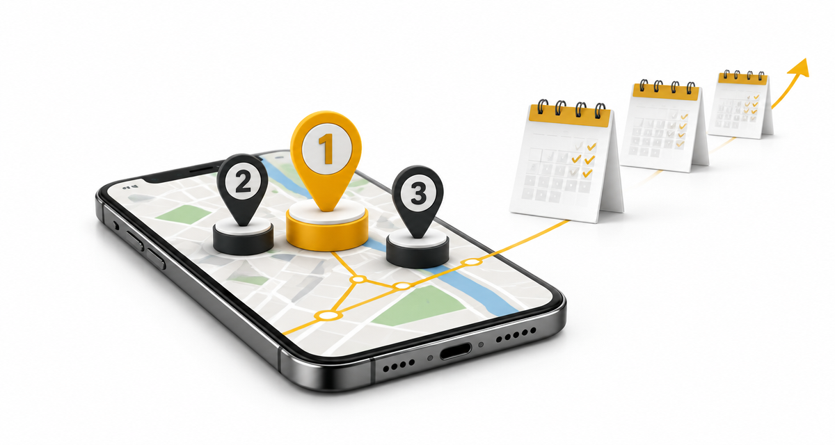 Mapa local con tres marcadores elevados que representan las primeras posiciones de Google Maps