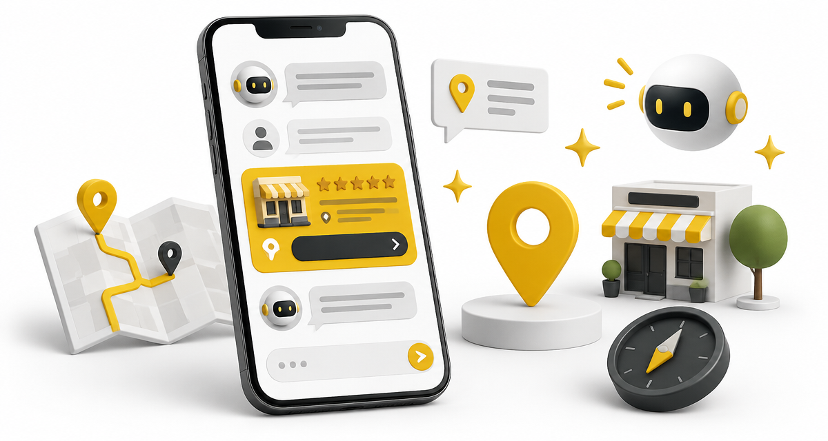 Teléfono con un asistente de IA recomendando un negocio local mediante una ficha destacada y un mapa