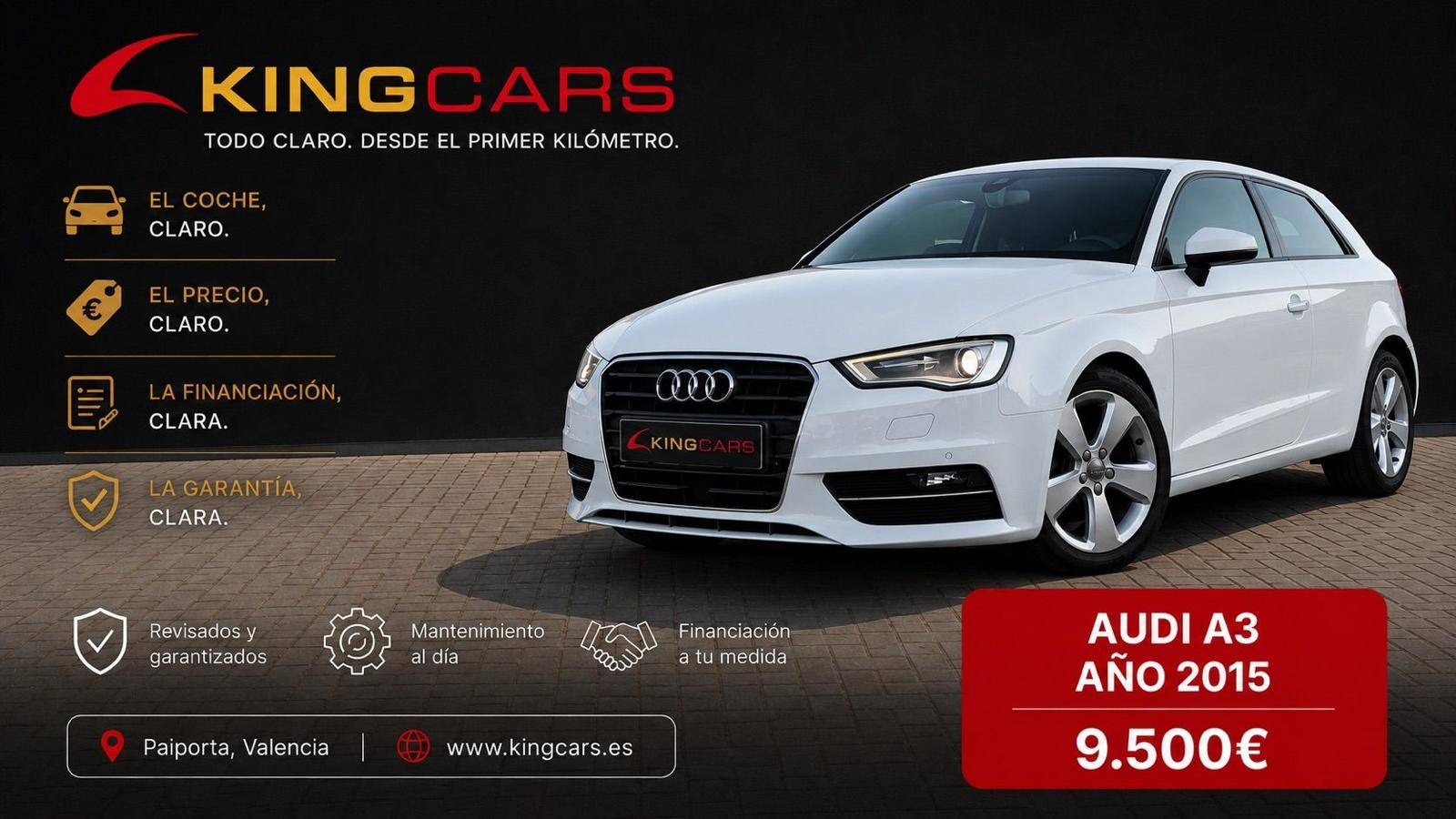 Anuncio del Audi A3 disponible en el concesionario King Car de Paiporta, Valencia
