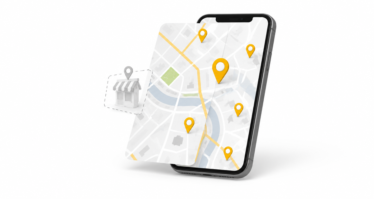 Teléfono con un mapa local y un negocio que no aparece entre los resultados destacados