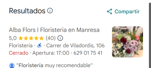 Captura real de Google Maps: Alba Flors como primer resultado para 'floristeria en manresa' con 5,0 estrellas y 40 reseñas
