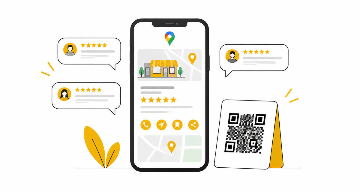 Ilustración de una ficha de Google Business Profile con reseñas de cinco estrellas y un código QR para pedir reseñas